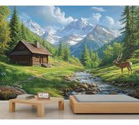 Forest Wall Mural, Cabin 3D Wallpaper, Forest Deer Mural for Living Room Bedroom TV Background Hotel Bar Decor - 400x280cm