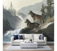 Forest Waterfall Rocks Animals Wolf Photo Wallpaper, Natural Landscape Waterfall Wall Mural Children Room Poster DIY Decoration Wall Covering for Bedroom Living Room Home Decor 300 x 210 cm