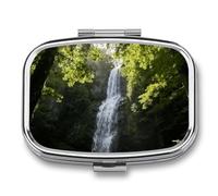 Forest Waterfall Scene Pill Box 2 Compartments Portable Travel Pill Case Mini Medicine Organizer for Pocket Purse Metal Waterproof Medicine Container Holder Vitamin Fish Oil
