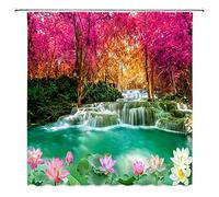 Forest Waterfall Shower Curtain Red Tree Jungle Rainforest Waterfall Lake Pool Flower Lotus Wild Nature Landscape Scenery Bathroom Home Decor with Hooks,Pink Green