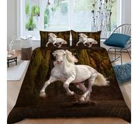 Forest White Horse Bedding Set 3D Digital Printing Animal Themes Wildlife Duvet Cover 3 Pieces Set Chic Breathable Quilt Cover Universal for All Seasons with Pillow King(220x240cm)