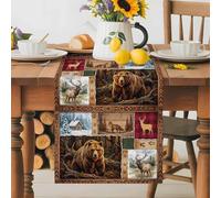 Forest Wild Animals Table Runner 13x108 Inches Long Farmhouse Bear Wolf Deer Footprints Red Plaid Cotton Linen Table Runner Burlap Style for Dinner Table Party Decor Tabletop Decorations