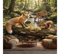 Forest Wild Animals Wallpaper 100 X 70 cm | Fox Squirrel Deer Woodland Decor Wall Paper, Non-woven, Photo Mural, Living Room, Bedroom, Dining Room, Hallway, Lounge