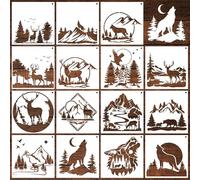 Forest Wildlife Stencils Drawing Decoration - 15 Pcs Large Reusable Square Wall Stencils Art Craft Templates Canvas Rock Art and Crafts Stencil for Painting Window Wood Wall Home DIY Gift Decor