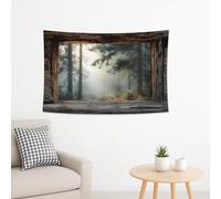 Forest Window Scenic Tapestry, Natural Misty Woodlands Decorative Wall Hanging, Rustic Aesthetic Room Art for Autumn, Living Room, Bedroom, Dorm Décor 30x40 Inch