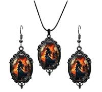 Forest Witch Halloween Jewelry Set, Gothic Necklace and Earrings Set, Glass Material, Dark Witch Theme, Halloween Costume Party Accessories (D)