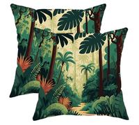 Forest with Zipper Throw Pillow Covers Tropical Palm Tree Jungle Cartoon Cute Modern Pretty Leaf Emerald Green Velvet Washable Comfortable Soft Sofa Couch Bedroom Bed Square Cushion Covers 16X16Inch
