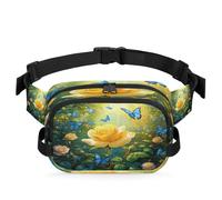 Forest Yellow Rose Butterfly Fanny Pack for Women Men, Waterproof Waist Bag with Adjustable Strap Dual Zippers, Lightweight Crossbody Chest Bag for Running Hiking Sports