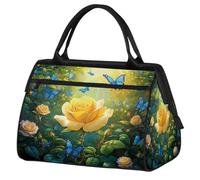 Forest Yellow Rose Butterfly Travel Duffle Bag, Waterproof Weekender Carry-On Bag Large Capacity Overnight Duffel Sport Gym Bag for Women & Men