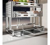 forestalk 304 Stainless Steel Dish Rack, Double Layer Over Sink Drainer, Adjustable 67-97cm Width, Anti-Tip Design with Hooks for Kitchen Utensils Storage, Space Saving Organizer