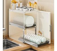forestalk Dish Drying Rack - Large Capacity 2 Tier Over-Sink Cabinet with Magnetic Door, Multifunctional Dish Drainer and Countertop Storage Shelf for Plates and Bowls