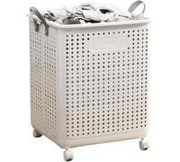forestalk Foldable Laundry Hamper with Wheels, Heavy Duty Plastic Clothes Basket for Bathroom, Dorm, Beige, 22x15x9in, Collapsible Dirty Linen Bin with Reinforced Handles