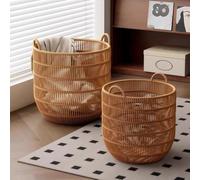 forestalk Handwoven Rattan Laundry Hamper with Handles, Round Storage Basket for Clothes, Toys & Blankets, Natural Decor for Bedroom Living Room Utility Space, Large Size