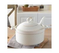 forestalk Luxury Bone China Soup Tureen With Lid And Spoon, Gold Rim Double Handle Serving Bowl For Kitchen Tableware Microwave Dishwasher Safe Elegant Home Dinnerware 2.2L Capacity