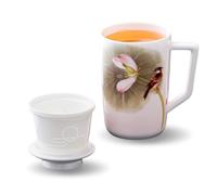 FORESTDREAM Ceramic Tea Cup with Strainer and Lid, 450 ml/15 oz, Porcelain Tea Maker with Mountain Landscape Design, 14.5 cm Height (Magpie)