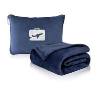 ForestM Travel Blanket and Pillow, Ultra Soft 2 in 1 Airplane Blanket with Compact Pillowcase, Luggage Strap, Lightweight Travel Essential, Ideal for Long Flights, Camping, Sunset (Navy Blue)