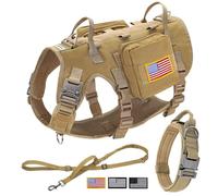 Forestpaw Tactical Dog Vest Harness & Military Dog Collar w/ Bungee Leash Set - No Pull Control - Backpack - Coyote Brown M/L