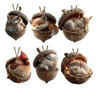 Forests Animal Acorn Ornaments, 6PCS Acrylic Pine Cone Animals Christmas Tree Ornaments, Cute Wood-land Animals Christmas Tree Decorations, 2D Flat Hanging Nature Creatures Animal Figurines Pendants