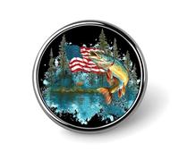 Forests Deers Lake Fish U.S.A. Flag Enamel Lapel Pin Round Badge Brooches for Women Men Jewelry Backpack Hats Decor
