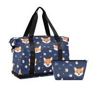 Forests Fox Flower Blue 2 Pcs Set Sports Gym Bag Carry on Weekender Overnight Bag with Adjustable Strap for Yoga