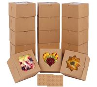 FORETOGO 18 Pcs Brown Cupcake Boxes,Paper Biscuit Box with Three Shapes of Windows and 24 Stickers Bakery Box,Foldable Cake Boxes for Pastries Biscuits Desserts Confectionery (10×10×6.5cm)