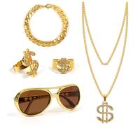 FORETOGO 5 Pcs Hop Costume Accessories Set Hip Hop Party Decorations | 90s Gold Digger Accessories wiht Fake Gold Chain, Glasses,Bracelet,Necklace,Ring for Hippie Rapper Disco Costume Decoration