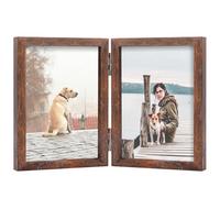FOREV 3.5x5 Double Picture Frame Rustic Wood Wooden Hinged Photo Frame