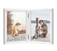 FOREV 4x6 Double Picture Frame Wooden Hinged Photo Frame Definition Glass Stand Vertically on Desktop or Tabletop White