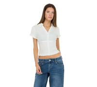 Forever 21 Women's Collared Button-Down Top with Ruffle Hem and Cinched Under-Bust Line, White, M