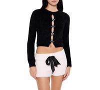 Forever 21 Women's Rhinestone Heart Fuzzy Knit Sweater, Black, Small