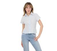 Forever 21 Womens Short Sleeve Button Front Top with Smocked Back, Blue, M