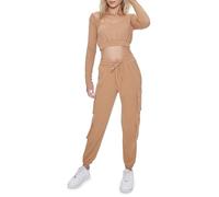 Forever 21 Women's Waffle Knit Cargo Joggers Casual Pants, Camel, Large