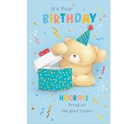 Forever Friends Birthday Card, Teddy Bear with Party Hat and Presents Design