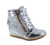 Forever Link Women's Fashion Glitter High Top Lace Up Wedge Sneaker Shoes