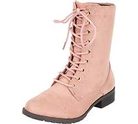 Forever Link Womens Round Toe Military Lace up Knit Ankle Cuff Low Heel Combat Boots, Dusty Pink, 5 UK
