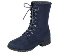 Forever Link Womens Round Toe Military Lace up Knit Ankle Cuff Low Heel Combat Boots, Navy, 4 UK