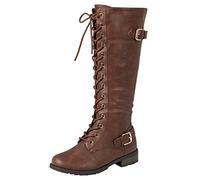 Forever Link Women's Strappy Lace-Up Knee High Combat Stacked Heel Boot, Brown, 5 UK