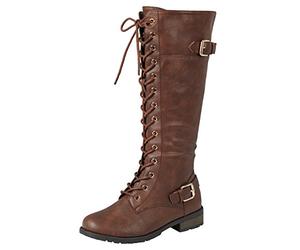 Forever Link Women's Strappy Lace-Up Knee High Combat Stacked Heel Boot, Brown, 5 UK