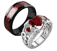 Forever Love Heart Shaped Ring Set for Her and Him Red Celtic Dragon Ring Matching Couple Rings for Wedding Bands Anniversary Engagement Promise Rings Bridal Sets, Metal, Ruby