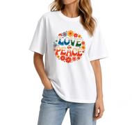 FOREVER QUEEN Women's Retro Groovy Peace Love Daisy Hippie Graphic T Shirt, Summer Festival Boho Tee Tops (UK, Alpha, XXL, Regular, Regular, White)