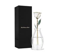Forever Rose Bloom Box Bundle - 24K Gold Dipped White Pearl Rose, June Birthstone, Real Gold Rose, Hand Dipped, 11" to 12" in Beautiful Phantom Vase and Blooming Box