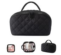 FOREVER SNOW Travel Makeup Bag, lay flat makeup bag, Large Capacity Pouch Open Flat Small Toiletry Bag with Brush Compartment & Handle, black