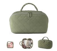 FOREVER SNOW Travel Makeup Bag, lay flat makeup bag, Large Capacity Pouch Open Flat Small Toiletry Bag with Brush Compartment & Handle, green