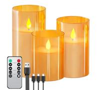 Forever Speed 3 Pack Gold Glass Flameless Candles with Remote Control Timer,Rechargeable,Fake Candles,Led Candles Flickering for Festival,Camping,Weddings Home Decoration