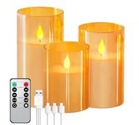 Forever Speed 3 Pack Gold Glass Flameless Candles with Remote Control Timer,Rechargeable Led Candles,USB Candles,Led Candles Flickering for Camping,Weddings Home Christmas Decoration