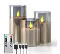Forever Speed 3 Pack Grey Glass Flameless Candles with Remote Control Timer,Rechargeable Led Candles,Fake Candles,Led Candles Flickering for Camping,Weddings Home Christmas Decoration