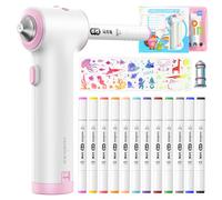 Forever Speed Airbrush Electric Paint Spray Pen Set, 12 Textile Markers with Double Tip, 3 Stencils and 2 Spray Heads, Bright and Rich Colours, Textile Paint for Spraying Pink