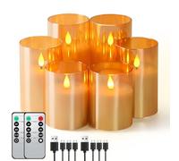 Forever Speed Set of 6 Gold Glass LED Candles Rechargeable with Remote Control Timer, Dimmable Rechargeable Flameless Candles with Charging Cable for Home Decoration, Camping, Weddings, Gifts