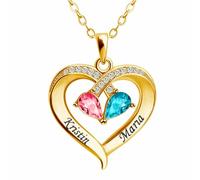 Forever Together Engraved Birthstone Necklace in Silver, I Love You Forever & Always Customized Double Birthstones & Names Necklace, Personalized 2 Heart Birthstone Necklace for Women Wife