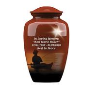 Forever URNS Adult Cremation Funeral Customized Urn with Fishing Man Pictured Theme for Human Ashes of Female & Male | 320 cu in | Extra Large | Black | Handcrafted with Velvet Protection Bag